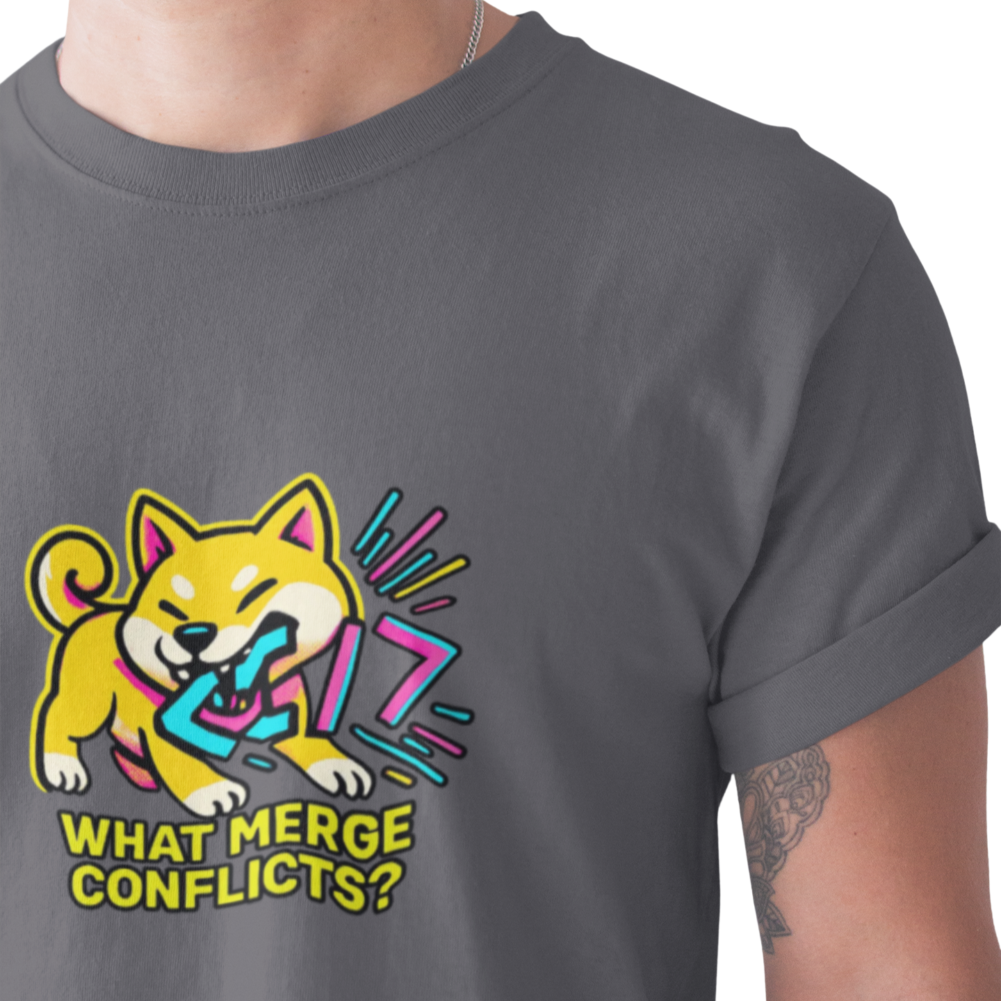 Gray t-shirt with a colorful graphic of a dog and text 'WHAT MERGE CONFLICTS?' on a white background.