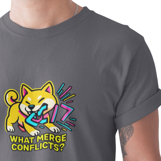 Person wearing a gray t-shirt with a colorful graphic design featuring a dog and text.