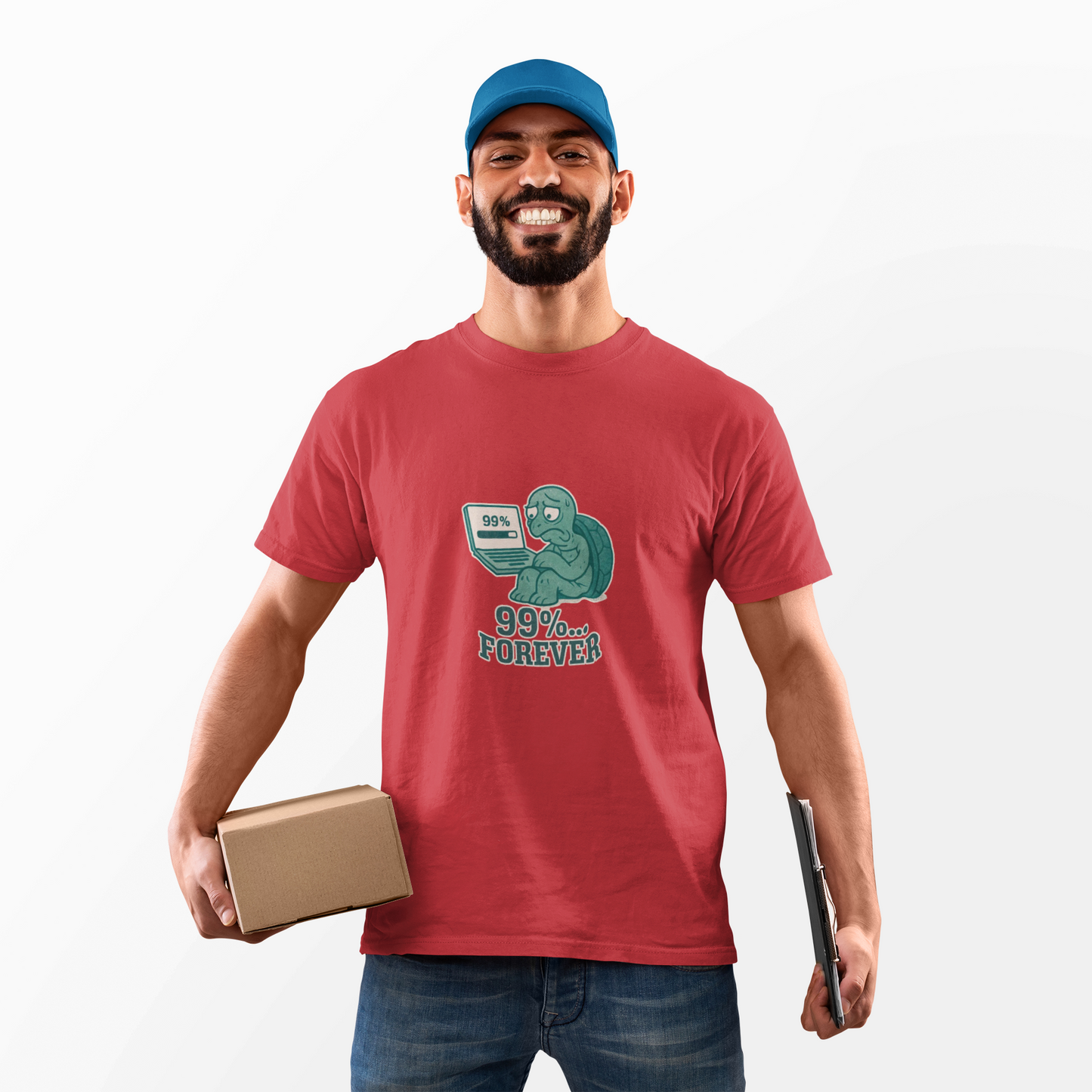 Man wearing a red t-shirt with a graphic design, holding a cardboard box and a tablet.