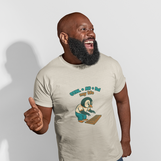 Man wearing a t-shirt with a graphic design and text, giving a thumbs-up gesture.