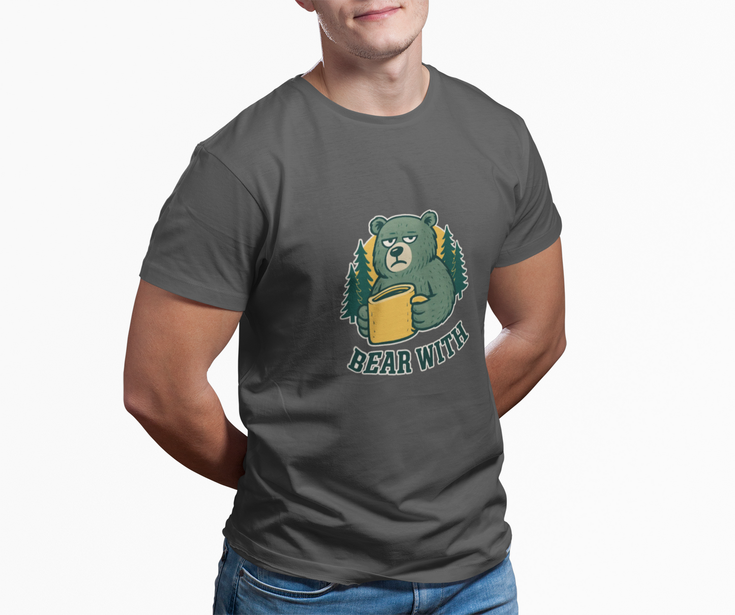 Person wearing a gray t-shirt with a bear holding a book graphic and 'Bear Wipes' text.