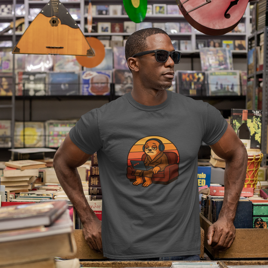 Man wearing a t-shirt with a graphic design in a music store