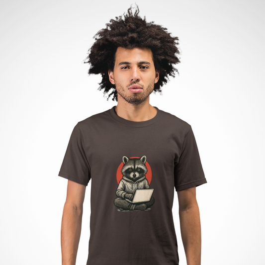 Man wearing a brown t-shirt with a raccoon graphic on a white background