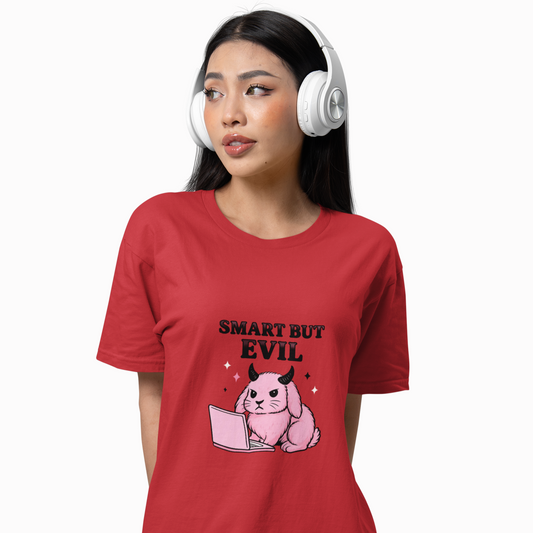 Person wearing a red t-shirt with a graphic design and text, headphones on, on a white background