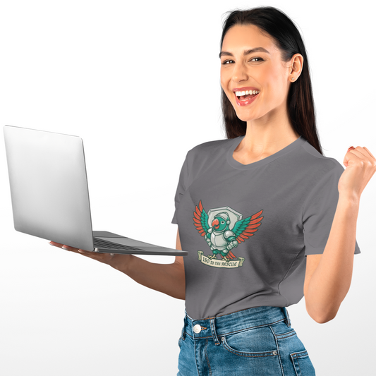 Woman holding a laptop wearing a gray t-shirt with a graphic design on a white background