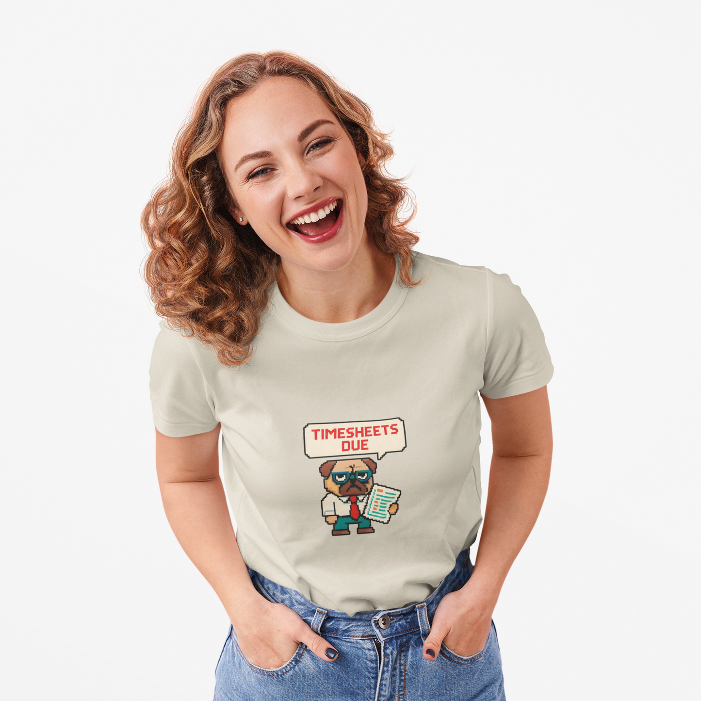 Woman wearing a t-shirt with a bear character and 'Timesheets Due' text on a plain background
