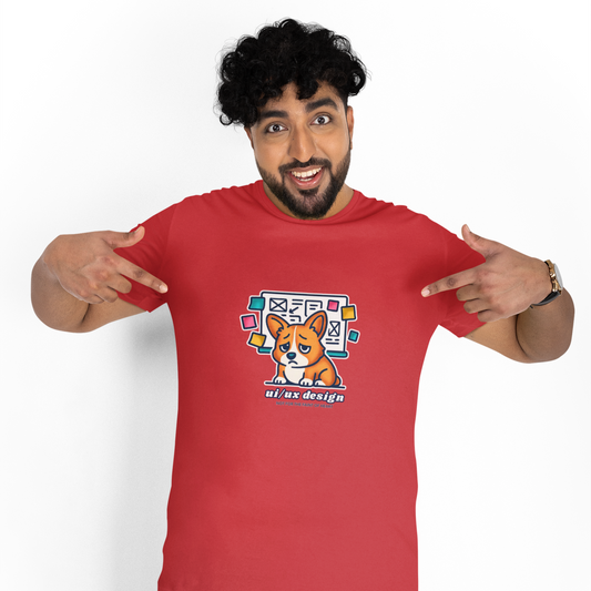 Man wearing a red t-shirt with a graphic design on a white background