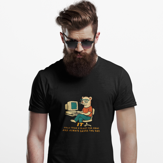 Man wearing a black t-shirt with a graphic design on a white background