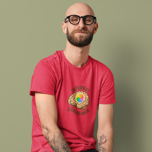 Man wearing a red t-shirt with a colorful graphic design on a green background