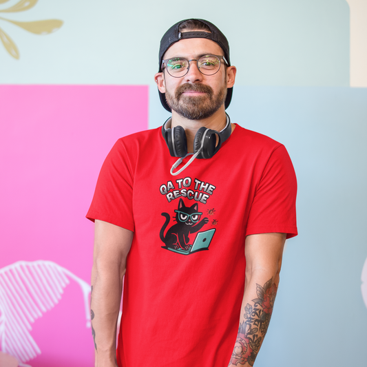 Person wearing a red t-shirt with a graphic design, standing against a colorful wall.