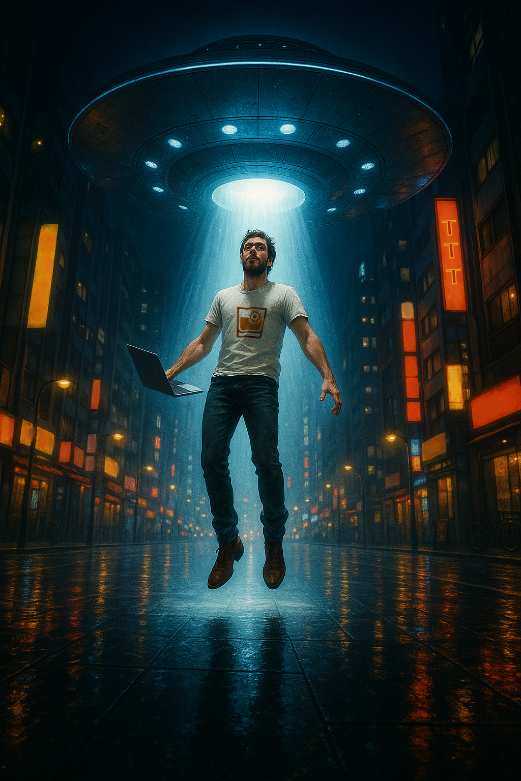 Man holding a laptop in a futuristic city street as he is being pulled into the air by a UFO