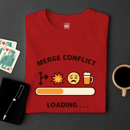 Red t-shirt with 'Merge Conflict Loading...' design on a dark surface with cards and a cup.