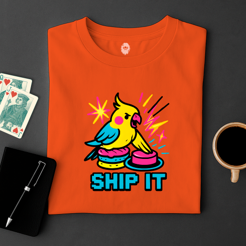 Orange t-shirt with a colorful parrot graphic and 'SHIP IT' text on a dark surface with cards and a cup.