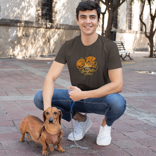 Man with a small dog on a leash in an outdoor setting