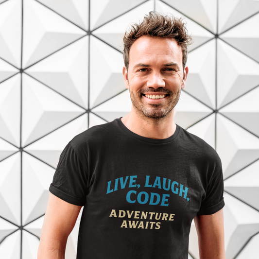 Man wearing a black t-shirt with motivational text against a geometric-patterned wall.