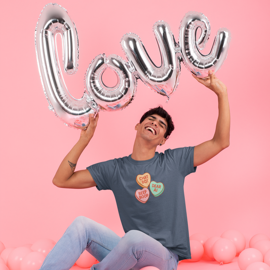 Person holding 'LOVE' balloons in a pink-themed setting with pink balloons on a pink background