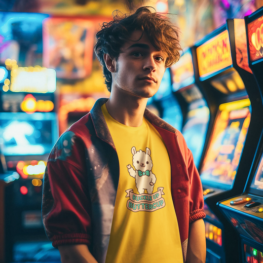 Person wearing a yellow shirt with a cat graphic in an arcade setting
