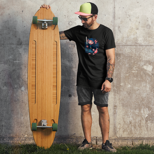 Man holding a wooden skateboard against a concrete wall