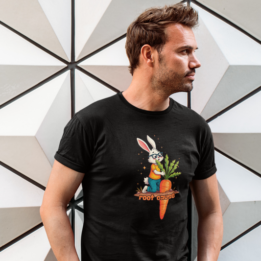 Man wearing a black t-shirt with a graphic design in front of a geometric wall.