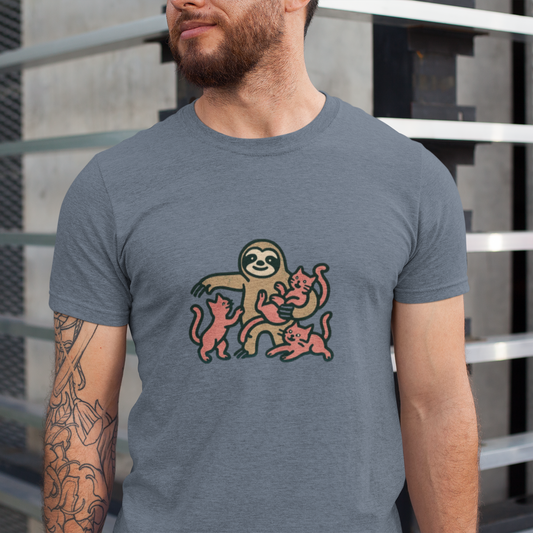 Man wearing a gray t-shirt with a sloth graphic design outdoors.