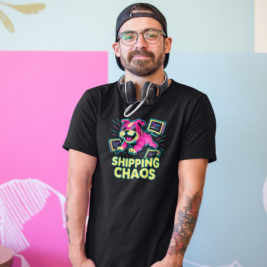 Man wearing a black t-shirt with colorful graphics and text, standing against a multicolored wall.