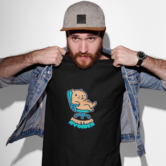 Man wearing a black t-shirt with a graphic design, denim jacket, and cap on a white background