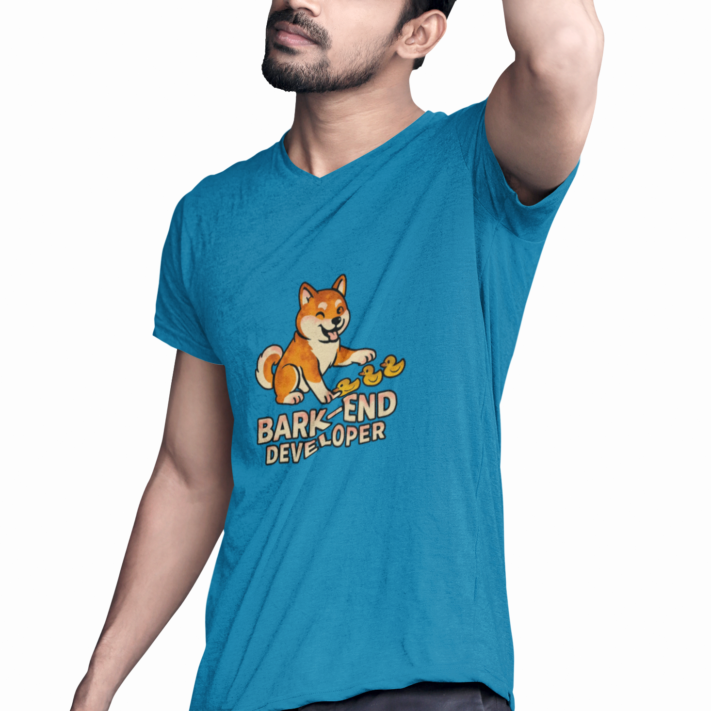 Person wearing a blue t-shirt with a dog graphic and text on a white background
