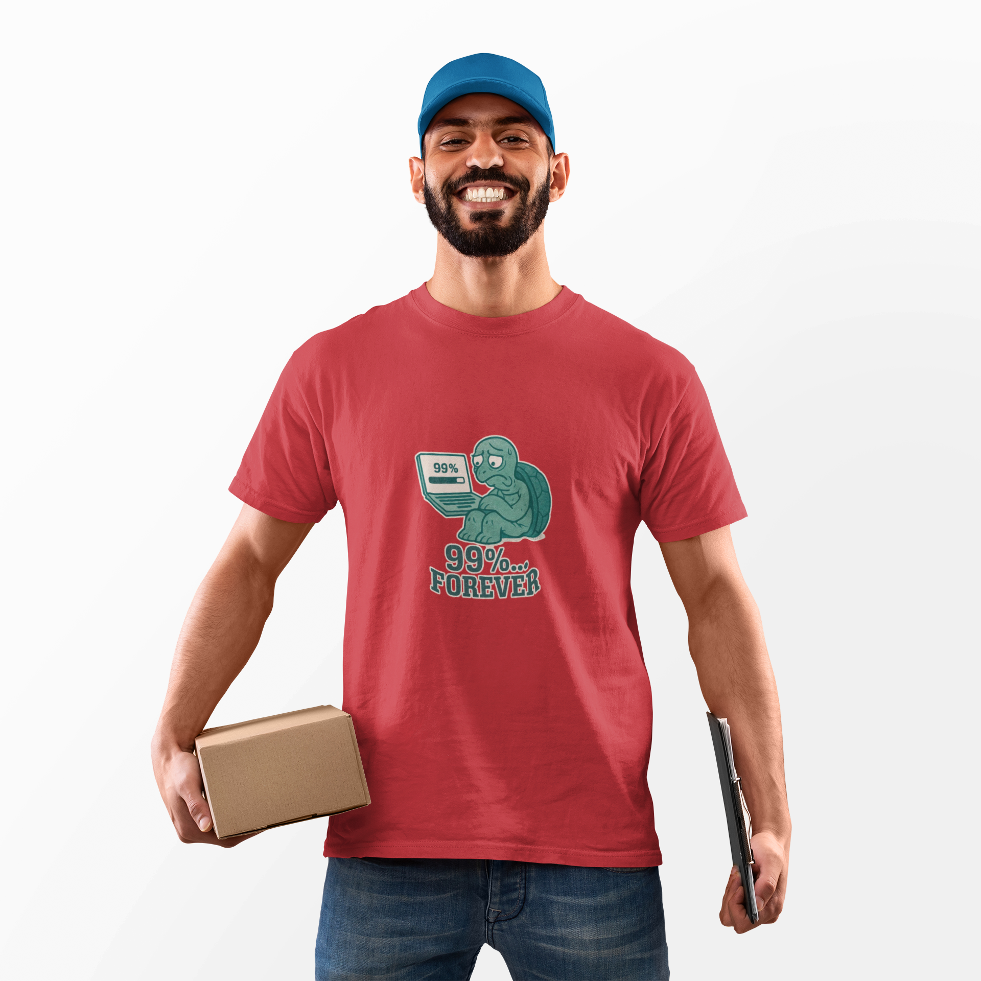 Man wearing a red t-shirt with a graphic design, holding a cardboard box and a tablet.