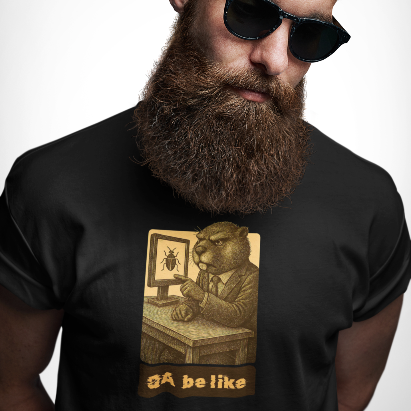 Man wearing sunglasses and a black t-shirt with a graphic design and text.