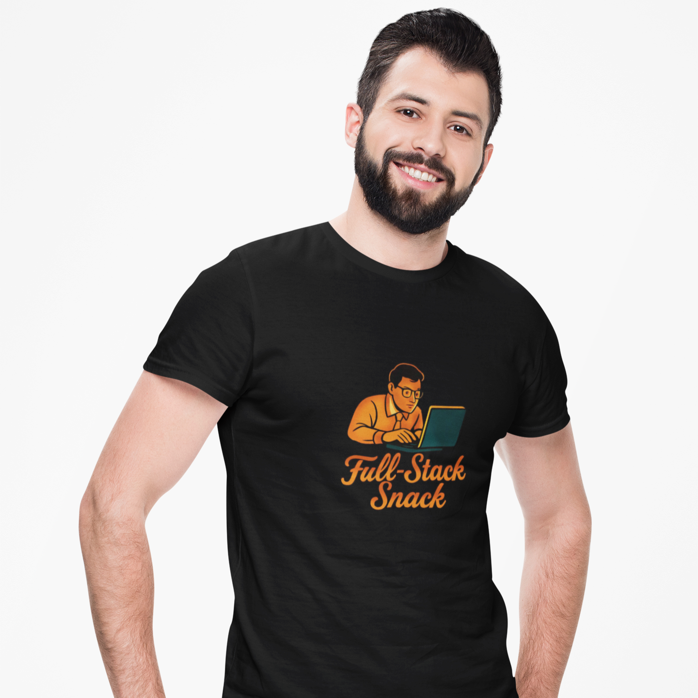 Man wearing a black t-shirt with 'Full Stack Snack' design on a white background