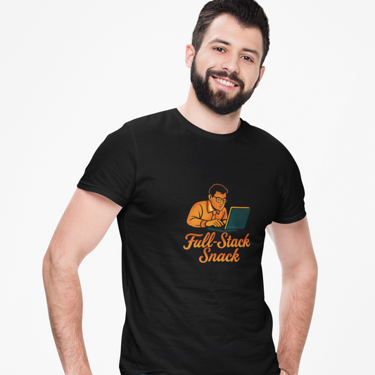 Man wearing a black t-shirt with 'Full Stack Snack' design on a white background