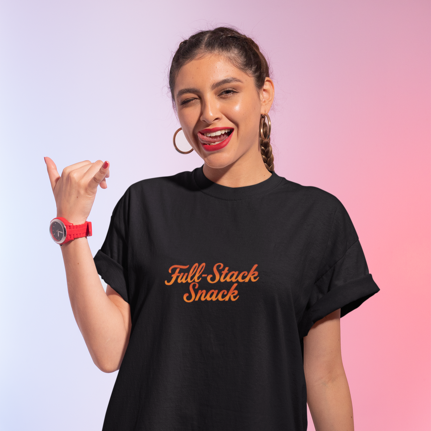 Woman wearing a black t-shirt with 'Full Stack Snack' text on a gradient background
