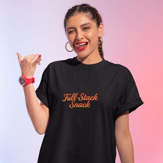 Woman wearing a black t-shirt with 'Full Stack Snack' text on a gradient background