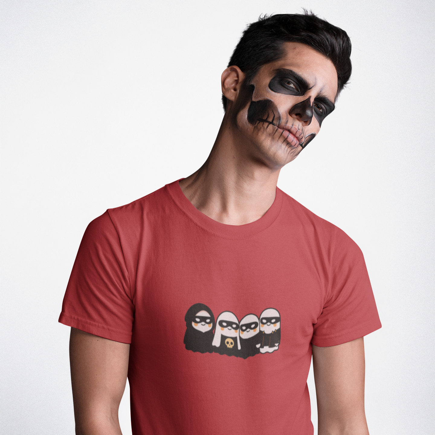 Person wearing a red t-shirt with a graphic design on a white background