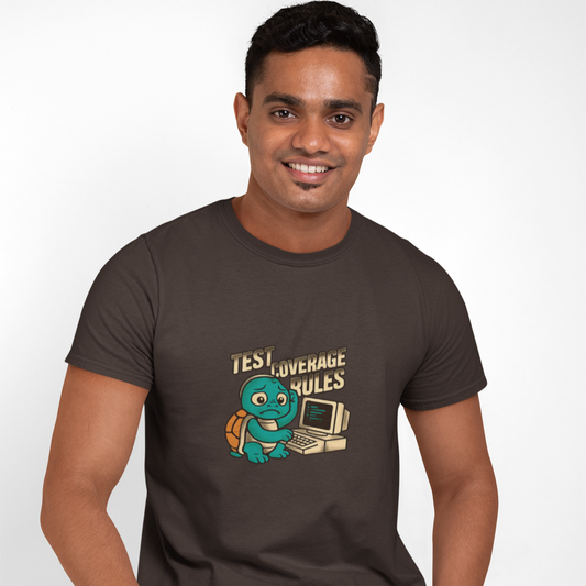 Man wearing a brown t-shirt with a graphic design on a white background