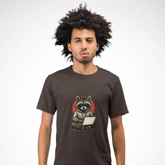 Man wearing a brown t-shirt with a raccoon graphic on a white background