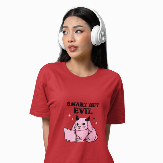 Person wearing a red t-shirt with a graphic design and text, headphones on, on a white background