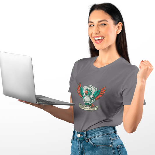 Woman holding a laptop wearing a gray t-shirt with a graphic design on a white background