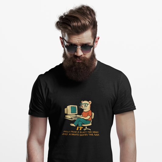 Man wearing a black t-shirt with a graphic design on a white background
