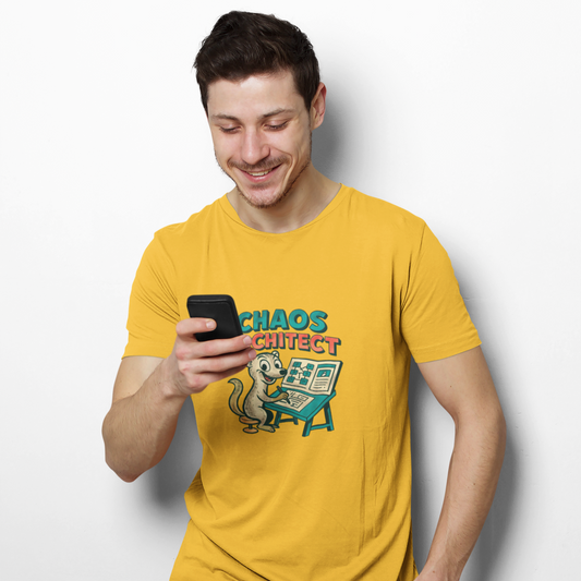 Man wearing a yellow t-shirt with a graphic design and text, holding a phone.
