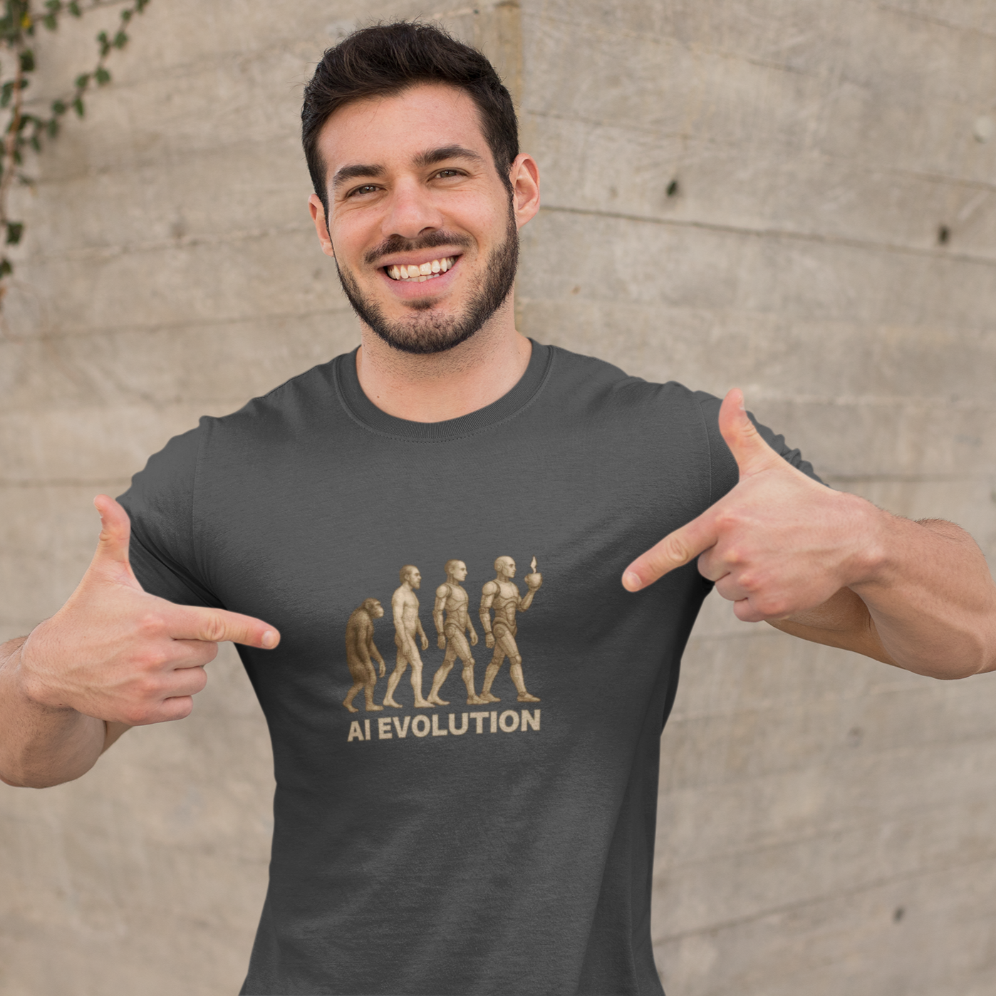 Man wearing a t-shirt with 'AI Revolution' design, pointing at it against a concrete wall.
