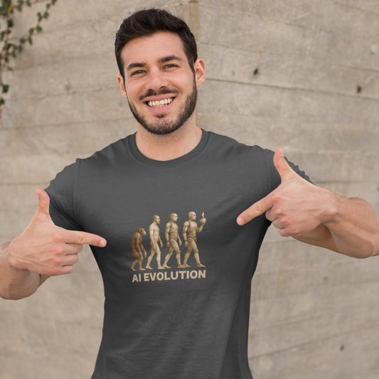 Man wearing a t-shirt with 'AI Revolution' design, pointing at it against a concrete wall.