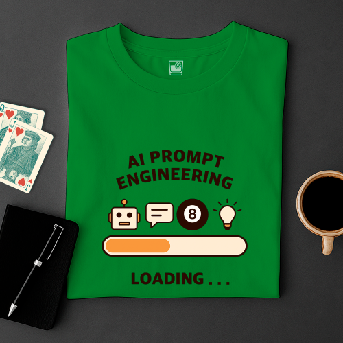 Green t-shirt with 'AI Prompt Engineering Loading...' text and graphics on a dark surface with cards and a cup.