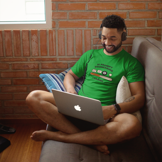 Man sitting on a couch using a laptop with a brick wall background