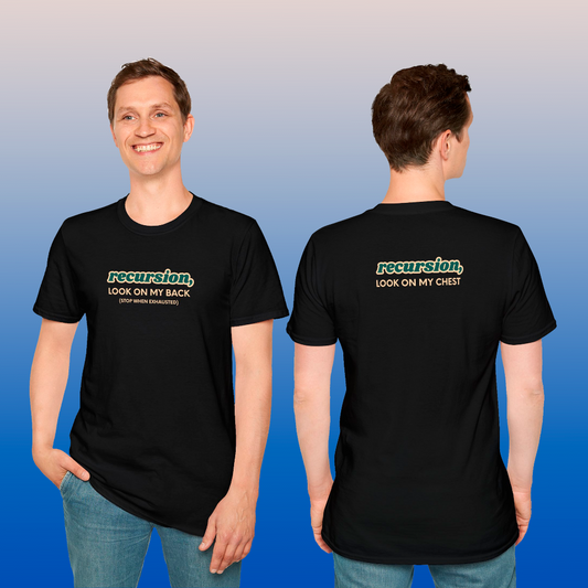 Person wearing a black t-shirt with 'recursion, look on my back' text on front and back, against a gradient blue background.