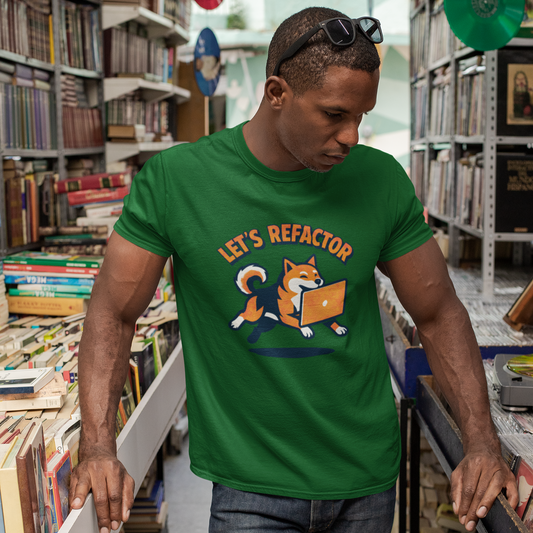 Man wearing a green t-shirt with a graphic design in a bookstore