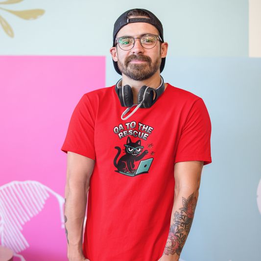 Person wearing a red t-shirt with a graphic design, standing against a colorful wall.