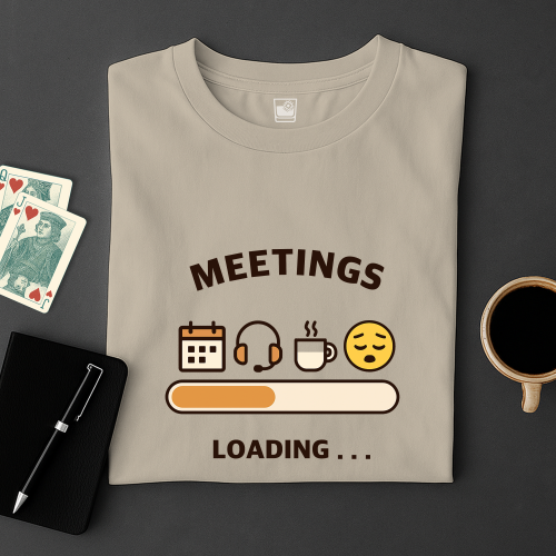 Folded beige t-shirt with 'MEETINGS LOADING' graphic on a dark surface with cards, coffee, and pen.