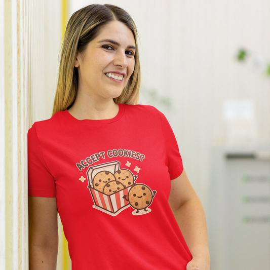 Woman wearing a red t-shirt with a cookies looking for acceptance