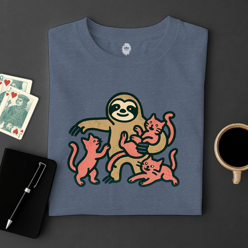 Blue t-shirt with a sloth and cats design on a dark surface with cards and a cup.